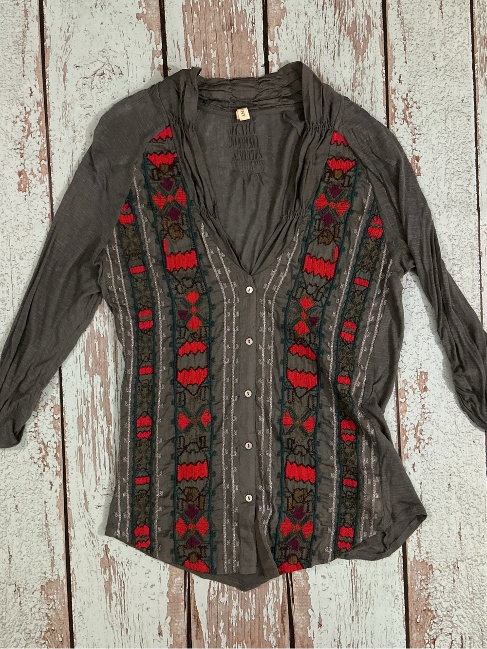 Gray Button-Down Shirt with Red Embroidered Panels from Anthropologie